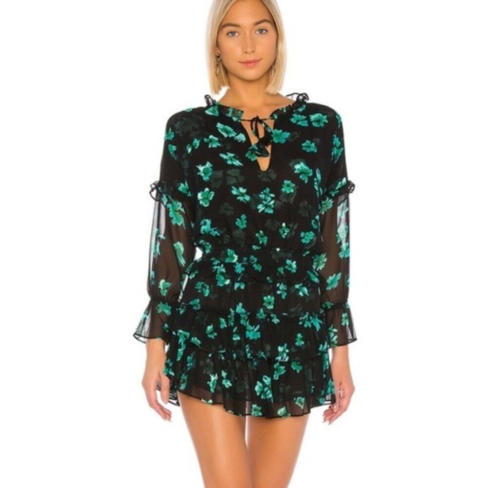 MISA Lolita Black Green Floral Print Long Sleeve V-Neck Ruffled Mini Dress Small